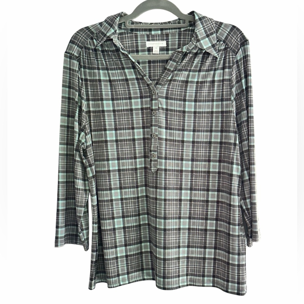 Charter Club Women's Grey/Blue Plaid 3/4 Sleeve V-neck Shirt Size XL NWT PTP 21”